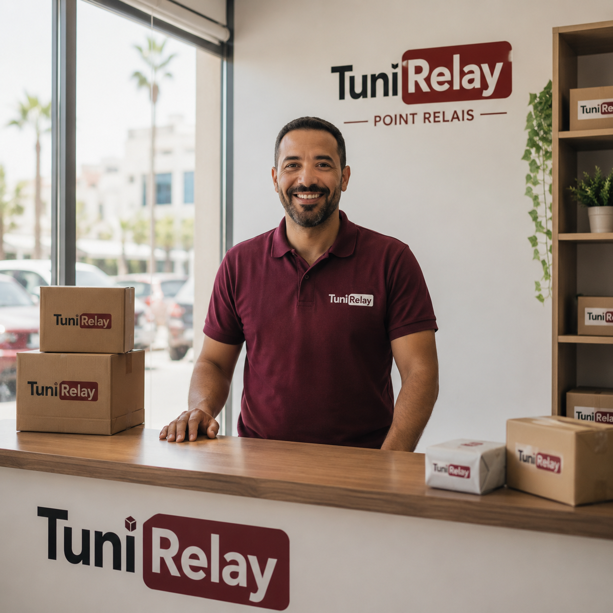 Commerçant tunisien souriant derrière son comptoir, point relais TuniRelay