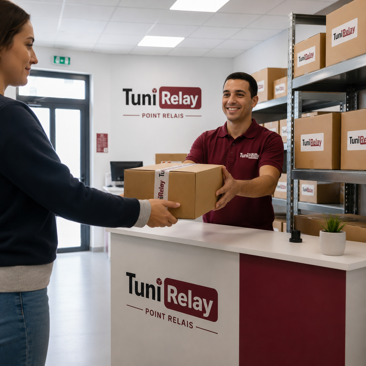 Client récupérant son colis dans un point relais — réseau TuniRelay Tunisie