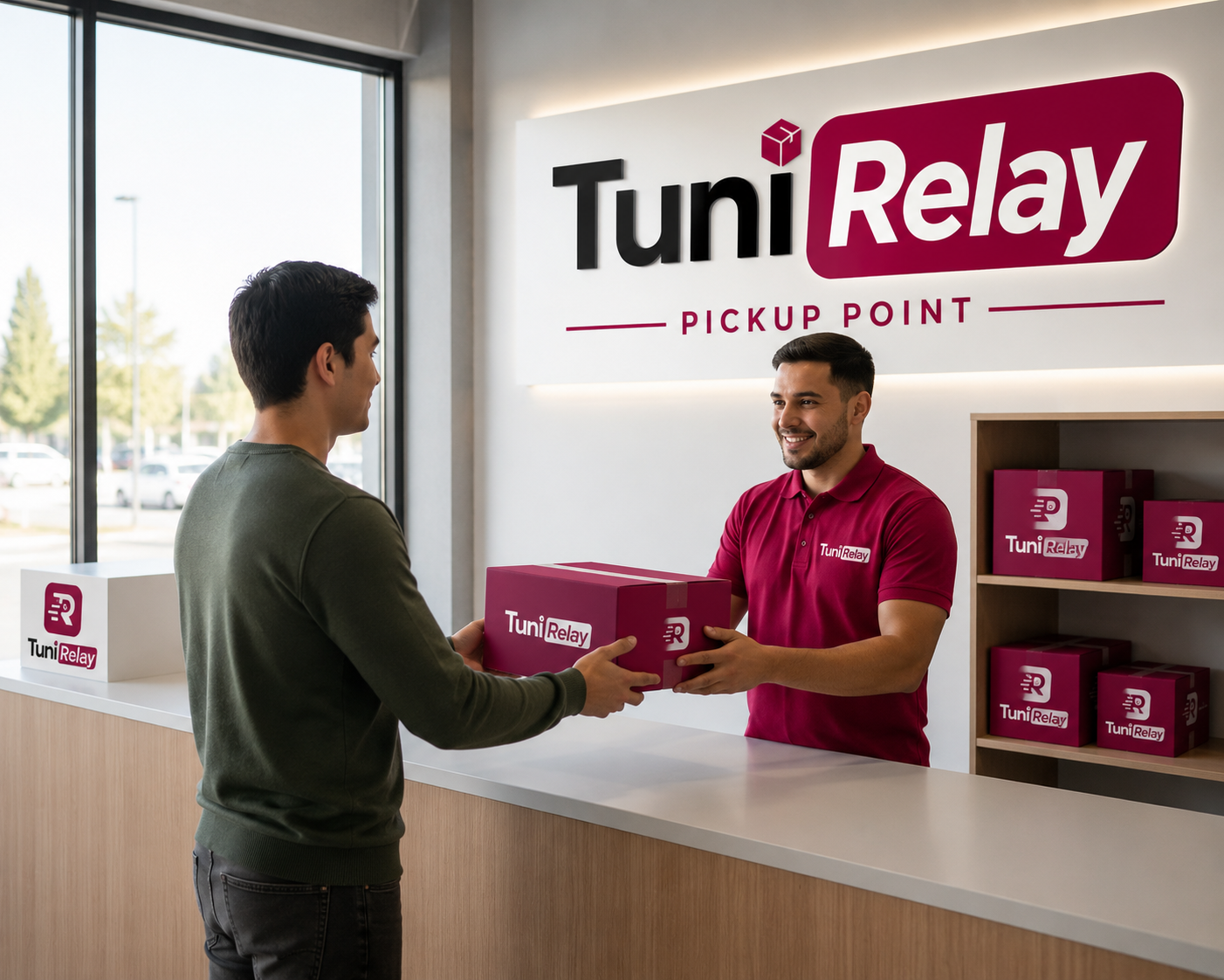Livreur remettant un colis à un client dans un point relais tunisien